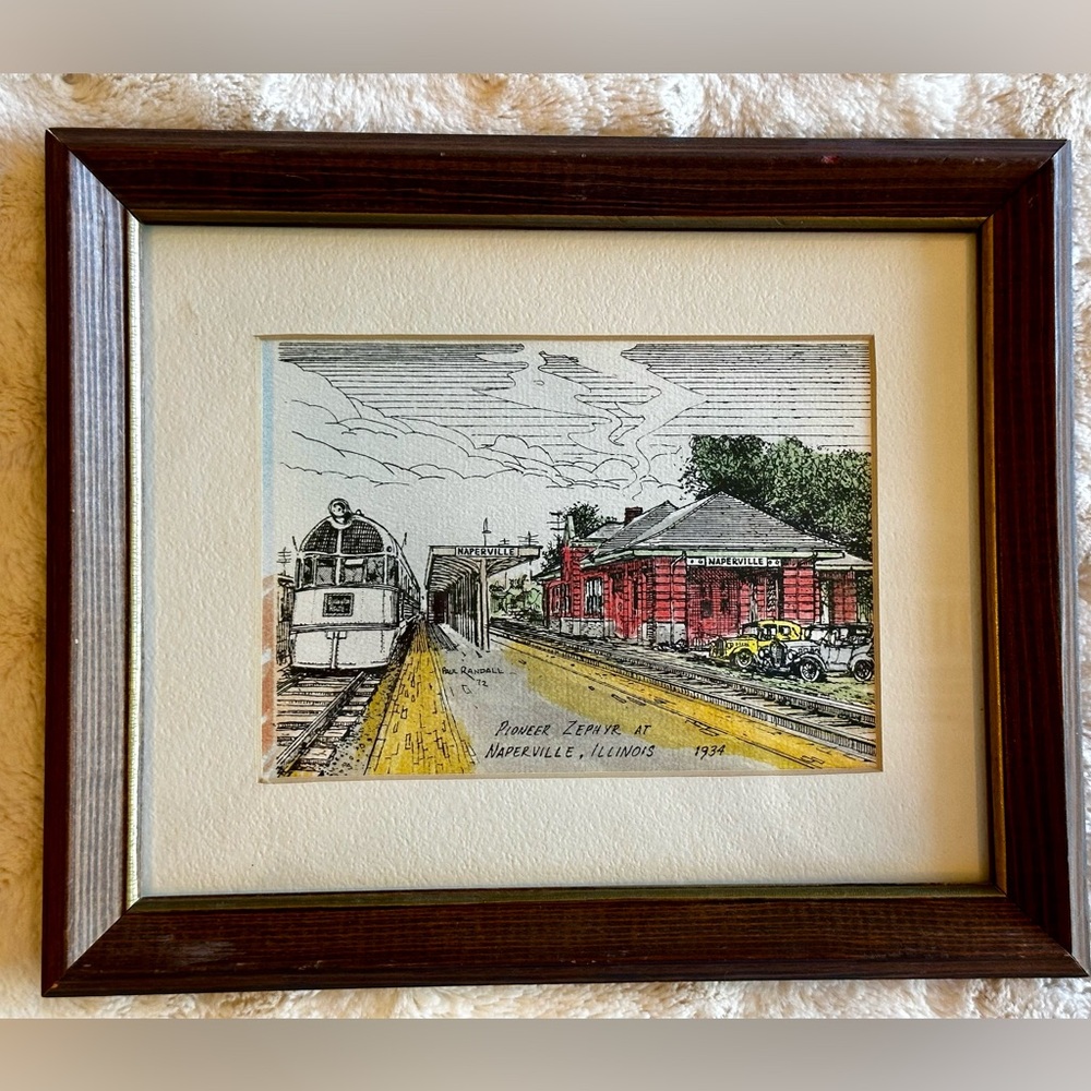 Historic Pioneer Zephyr 1934 Naperville IL Train Station Framed Pen & Ink 1972